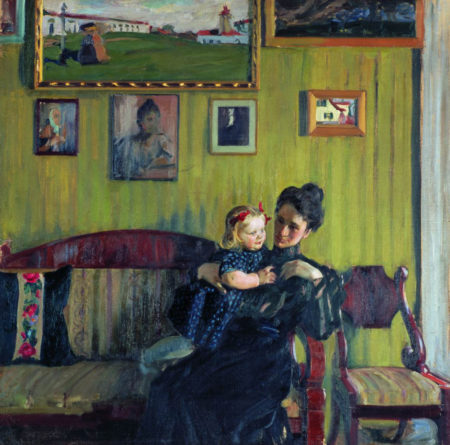 Портрет Ю.Е. Кустодиевой с дочерью Ириной, 1908 год. Государственная Третьяковская галерея, Москва